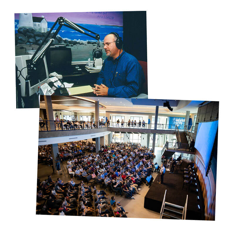 An older photo of Dave hosting The Dave Ramsey Show, and a staff meeting photo at Ramsey Solutions