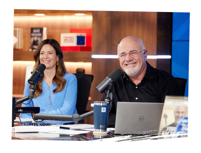 A photo of Dave hosting The Ramsey Show with his daughter Rachel Cruze