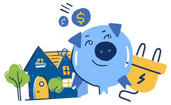 drawing of a home, piggy bank, and power plug
